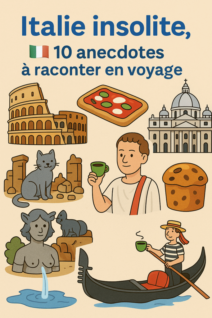 Image illustrant 10 anecdotes sur Italie insolites: Colisée, pizza Margherita, panettone, gondole, chats de Rome, fontaine à vin, et autres curiosités culturelles à raconter en voyage