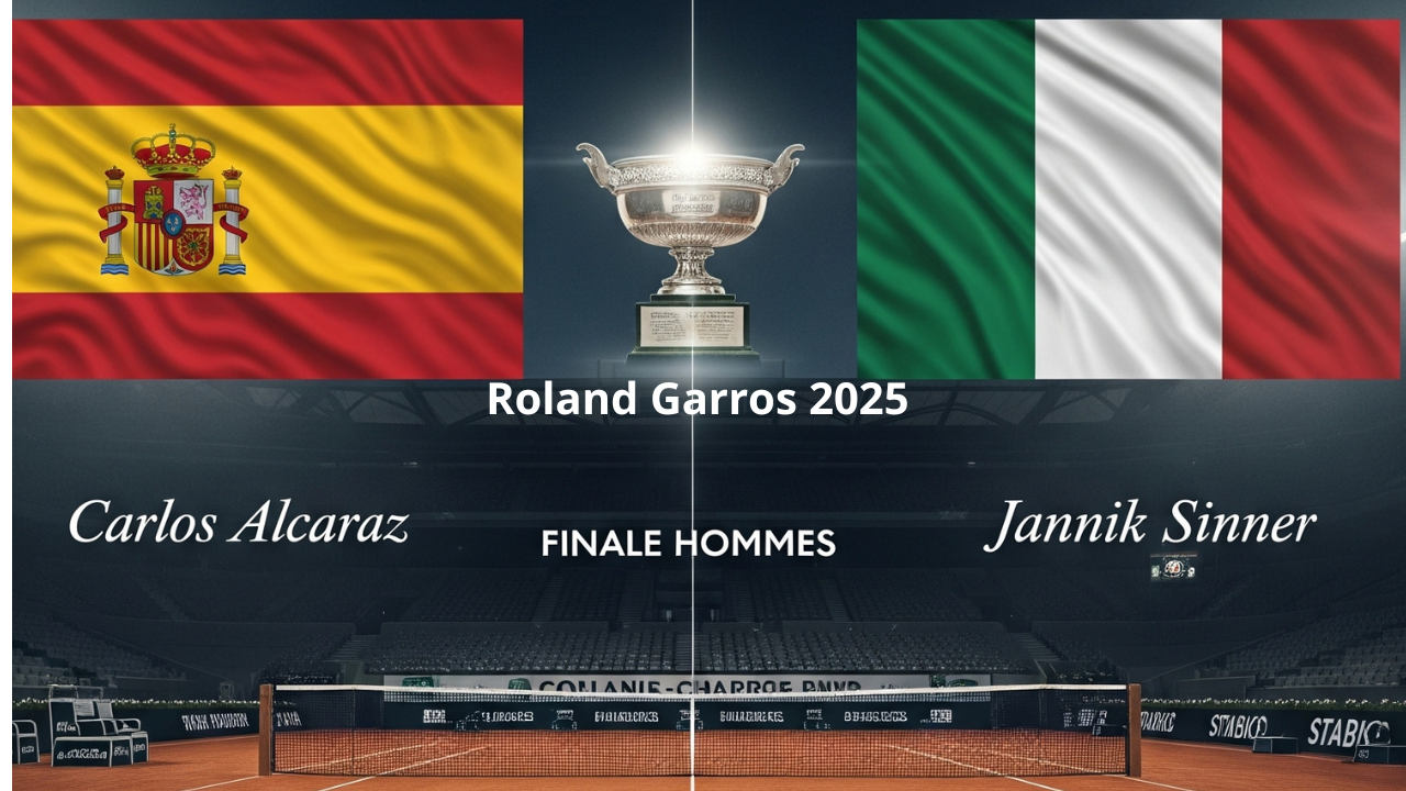 finale-roland-garros-2025 affiche coupe de roland garros 2025 finale sinner alcaraz terrain de tennis