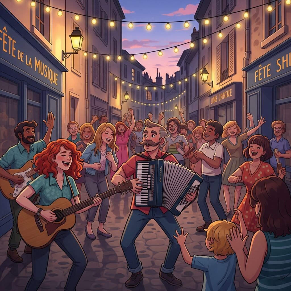 une foule en joie joue de la musique un homme joue de l'accordeon au centre de la foule fete de la musique 2025